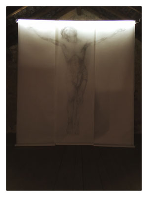 Deux fois (d’après Léon Bonnat) / 2018 / Installation de deux dessins superposés et déposés sur un cylindre lumineux / Mine graphite sur papier Wenzhou, Plexiglas, câble métallique, éclairage led, alimentation électrique / 200x200x15 cm l’ensemble