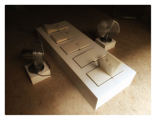 Jachère (One hour drawing) / 2015-2016 - 2019 / Médium, ventilateurs, mine graphite et encre acrylique sur papier Hahnemülhe, alimentation électrique / 365 dessins, 5 carnets / 20x20x3 cm chaque carnet / 130x160x50 cm l'ensemble