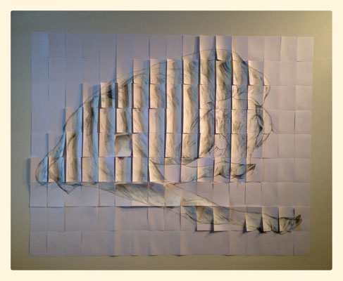 FR-CA-36699 098-5750 (Memento2) (Série La vache morte) / 2014 / 153 fiches partiellement collées au mur / Mine graphite et encre acrylique sur Bristol / 135x170 cm l'ensemble