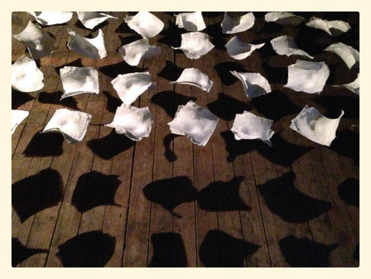 Ossements / 2014 / 120 empreintes / Plâtre, fil de nylon, lumière / 200x180 cm / Détail