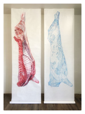 Esse / 2023 / 2 éléments / Aquarelle et crayon de couleur sur Koso / 300x97x7 cm chaque élément (avec Stéphane Étroit Desmarest)   