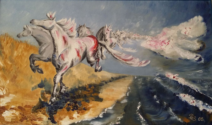 Fliegende Pferde 2002, Öl auf Pappe, 89x51