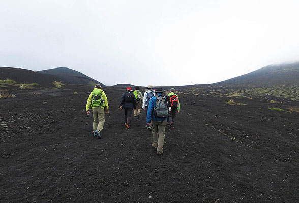 ●「伊豆大島観察会(2)」　⑨裏砂漠 　黒い火山礫によって形成されている「裏砂漠」を行く。風が強いため植物が育ちにくいとのことだ。