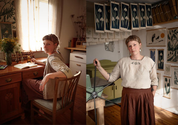 Portrait der Linoldruckkünstlerin Johanna Jung in ihrer Werkstatt im Wendland, fotografiert von Malina Bura