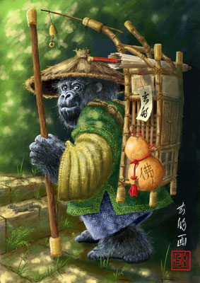 Illustration Gorilla als chinesischer Wandermönch