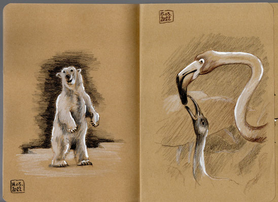 Eisbär und Flamingos auf braunem Papier