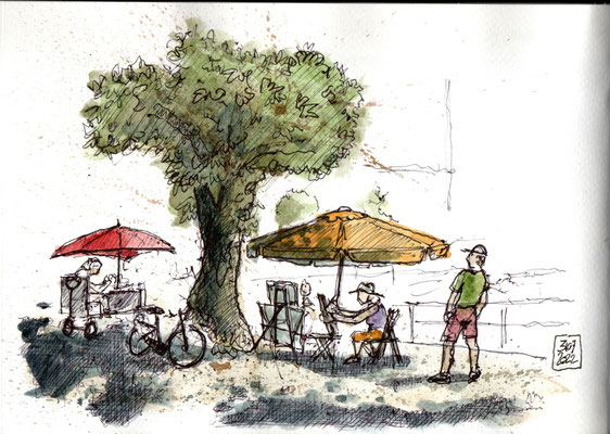 Lindau, Karikaturistin bei der Arbeit