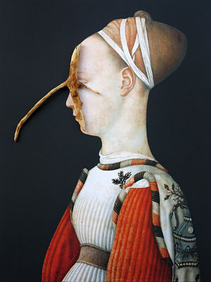 Untitled, 2021 . wood, acrylic and collage on canvas . cm 40x30