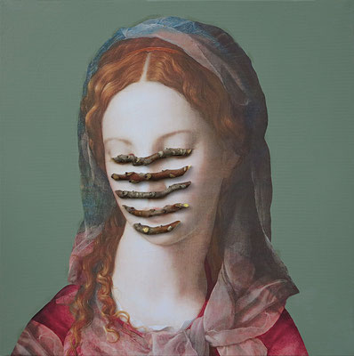 Addizionatori di dolore, 2017 . wood, acrylic and collage on canvas . cm 40x40