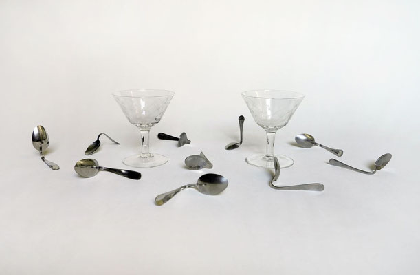 Paolezza "alla madre", 2015 - crystal glasses and steel spoons - variable dimensions
