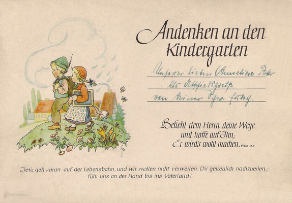 "Entlassurkunde" von Anne Oldelehr aus Schwester Elsbeths Kindergarten an der Berkenstockstraße aus dem Jahr 1952.