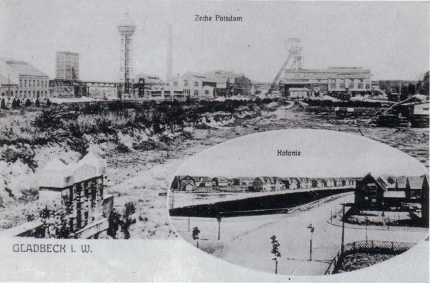 Zeche Zweckel und Kolonie, rechts die Schultenstraße, unten die Frentroper Straße, links die Schultenbrücke <br><font size=1>aus "Gladbeck Unsere Stadt" Bild: Amt für Öffentlichkeitsarbeit