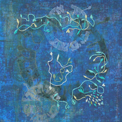 Yashir (a), 50x50 cm, acrylique mixte et broderie sur toile, 2022