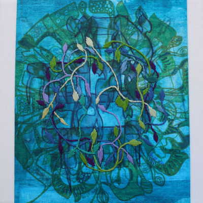 Yashir (a), 25x25 cm, acrylique mixte et broderie sur toile, 2023