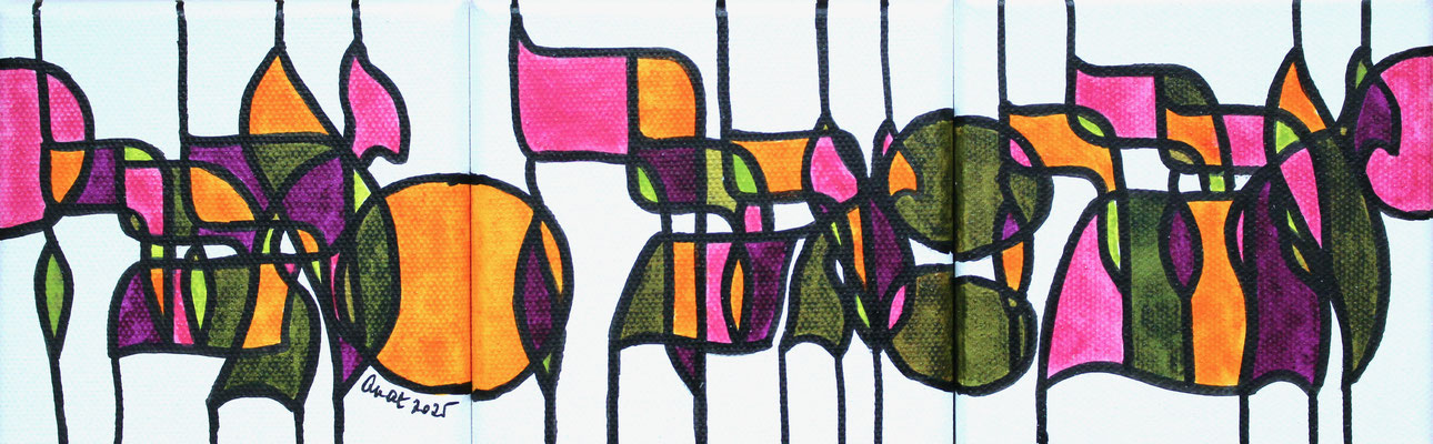 encres et feutres sur toile, tryptique, 2025, 10 x 30 cm