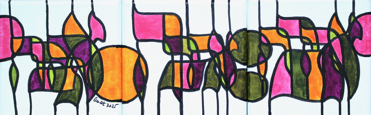 encres et feutres sur toile, tryptique, 2025, 10 x 30 cm