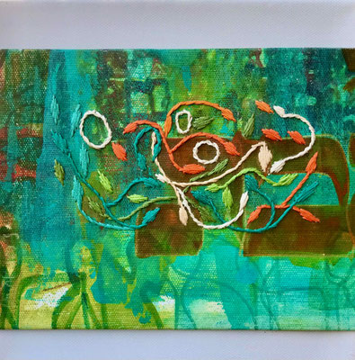 Yashir (b), 20x20 cm, acrylique mixte et broderie sur toile, 2023 