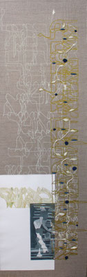 Yashir (4), 90x30 cm, acrylique, gravure et broderie sur toile, 2023 | fr 1'500