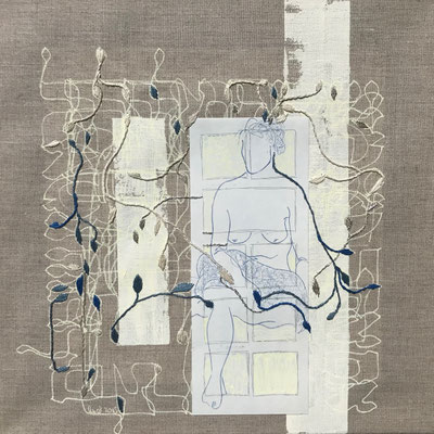 Yashir (3), 40x40 cm, acrylique, gravure et broderie sur toile, 2023 