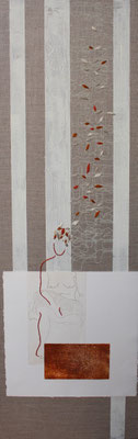 Yashir (4), 90x30 cm, acrylique, gravure et broderie sur toile, 2023