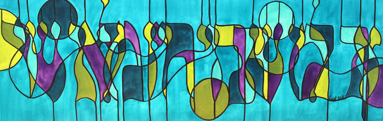"celui à qui tu seras, sa vie sera pleine de chant", encres et feutres sur toile, 2025, 30 x 90 cm  |  fr 1'100