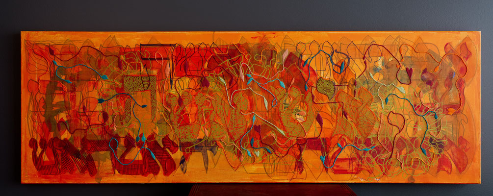 Yashir (isha, ish, ahava)*, 40x120 cm, acrylique mixte et broderie sur toile, 2022 | fr 2'500