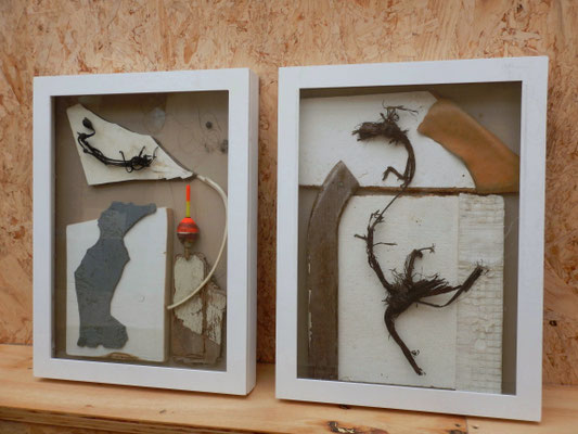 Twee collages achter glas 30x40x4,5cm 350,-