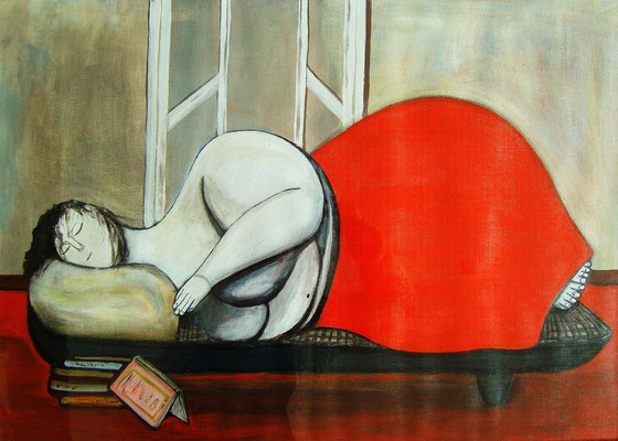 Vrouw op sofa acryl verkocht