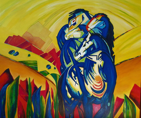 2021/5, Acryl, Leinwand, 120x100 cm, Turm der blauen Pferde, Interpretation von Franz Marc