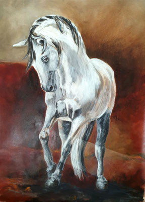 2020/1, weißes Pferd, Acryl, Leinwand, 70x90 cm, Gift of Inspiration, thanks to the unknown photo artist.
