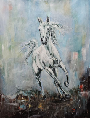  2020/10, weißes Pferd, Acryl, Leinwand, 60x79 cm 