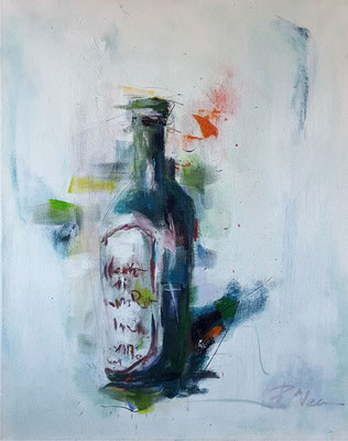 2017/1, Rotwein, Flasche, Glas, Acryl, Leinwand, 50x40 cm