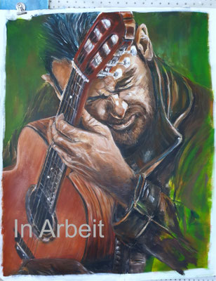 2017/1, Gitarrist, Musiker, Acryl, Leinwand, 60x74 cm, in Arbeit. Gift of Inspiration, a big thank you to the unknown photo artist.