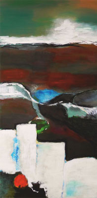 fertiges Bild, 2014 /5, Landschaft, Santorin, Acryl, Leinwand, 60x120 cm