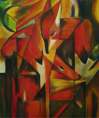 2021/6, Füchse, Acryl, Leinwand, 50x60 cm, Interpretation von Franz Marc. Das Originalbild wurde vom Auktionshaus Christie`s in London, 2022 um umgerechnet 51,12 Millionen Euro versteigert. 