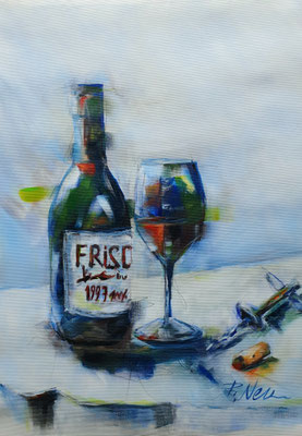 2017/2, Rotwein, Flasche, Glas, Acryl, Leinwand, 50x40 cm
