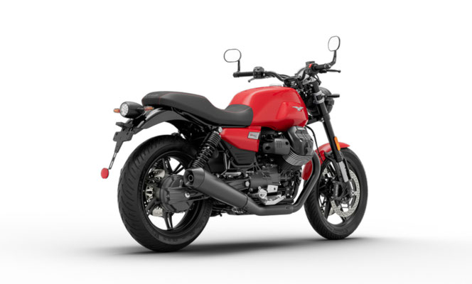Moto Guzzi V7 Sport in Rosso Monza, Ansicht hinten rechts