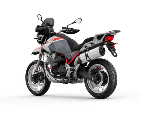 Moto Guzzi V85 TT in Grigio Yanar Dag, linke Ansicht hinten
