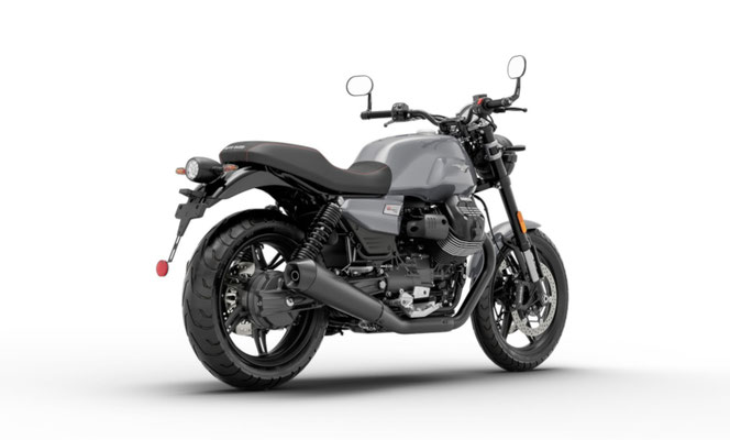 Moto Guzzi V7 Sport in Grau Lario, Ansicht hinten rechts
