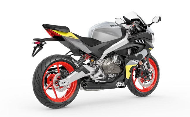Aprilia RS 457 in Arsenic Yellow, rechte Ansicht hinten
