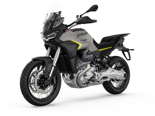 Moto Guzzi Stelvio in Grigio Climbing, Ansicht von vorne linke Seite