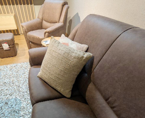 Braunes Ledersofa (Nahaufnahme) mit gestreiftem Kissen, im Hintergrund ein Sessel.