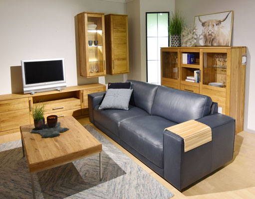 Wohnzimmer mit dunkelblauem Ledersofa, Holztisch, TV und Schränken in heller Eiche.