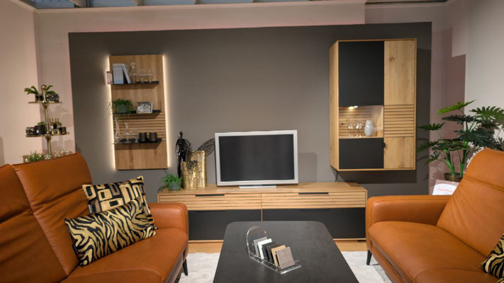 Modernes Wohnzimmer mit braunen Ledersofas, TV, beleuchteten Holzregalen und grauer Wand.