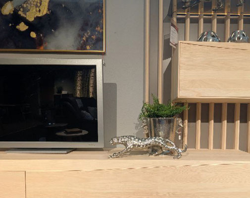 Holz-Sideboard mit Vasen und weißem Kunstzweig, davor ein Vogel auf einem Ständer und ein Fernseher.