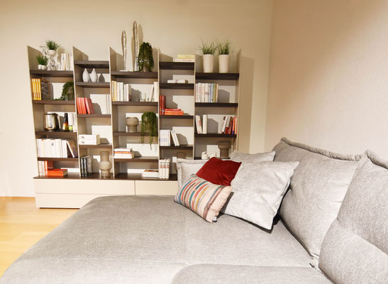 Man sieht ein graues Sofa mit Kissen, dahinter steht ein großes Regal mit Büchern und Deko.