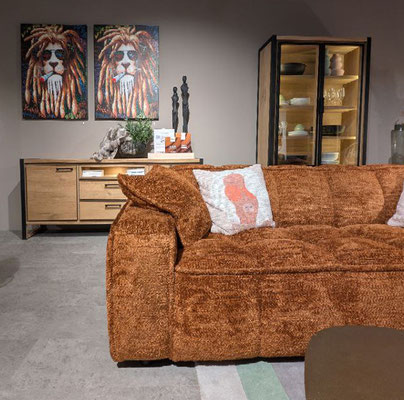Braunes Sofa mit einem weißen Kissen, daneben ein Holzschrank und Löwenbilder.