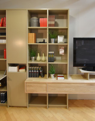 Ein hohes hellgrünes Bücherregal mit Sideboard aus hellem Holz und Fernseher darauf.