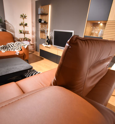 Braunrotes Ledersofa (Rückenlehne) in Wohnzimmer mit TV und Holzpaneelen an der Wand.