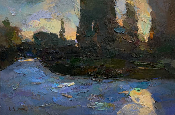 'Garden view at evening' Oil on panel, 41 x 27 cm - Available at Meyer Vogl Gallery